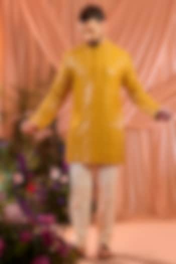 Mustard Silk Mirror Work Short Kurta by Kasbah Clothing at Pernia's Pop Up Shop