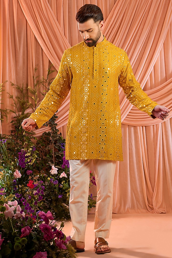 Mustard Silk Mirror Work Short Kurta by Kasbah Clothing at Pernia's Pop Up Shop