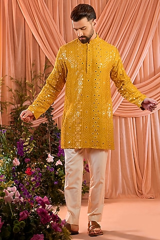 Mustard Silk Mirror Work Short Kurta by Kasbah Clothing