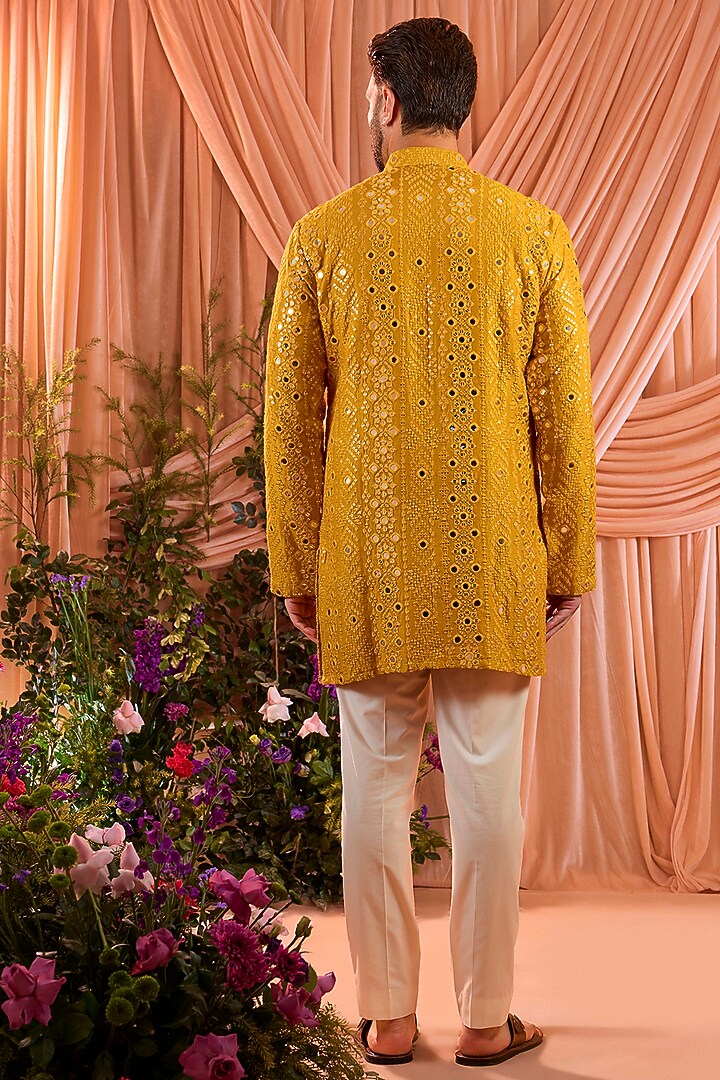 Mustard Silk Mirror Work Short Kurta by Kasbah Clothing at Pernia's Pop Up Shop