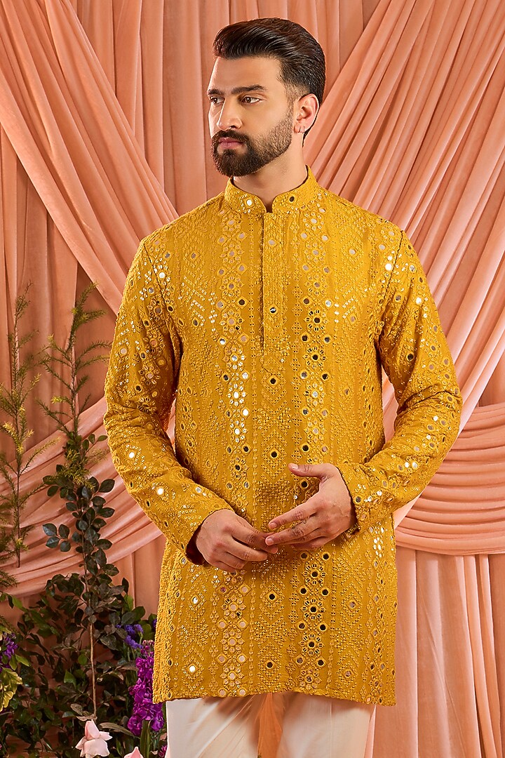 Mustard Silk Mirror Work Short Kurta by Kasbah Clothing at Pernia's Pop Up Shop