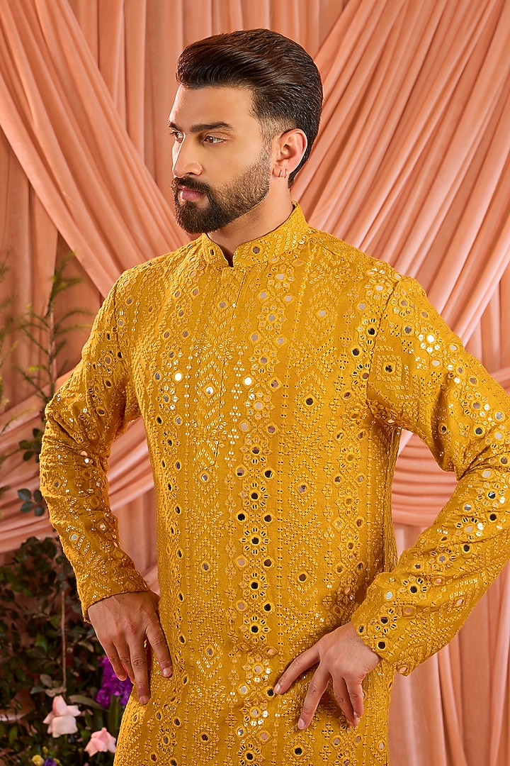 Mustard Silk Mirror Work Short Kurta by Kasbah Clothing at Pernia's Pop Up Shop