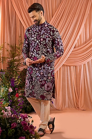 Wine Georgette Thread Embroidered Kurta by Kasbah Clothing