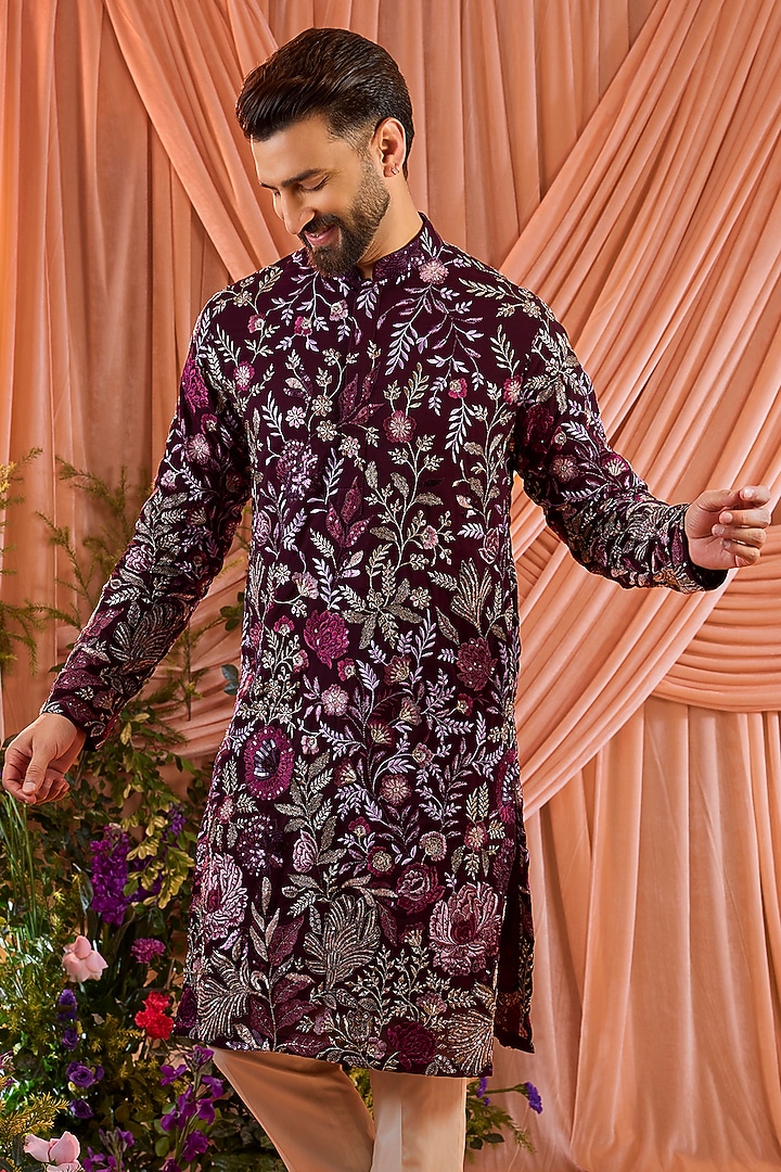 Wine Georgette Thread Embroidered Kurta by Kasbah Clothing at Pernia's Pop Up Shop