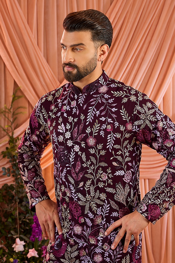 Wine Georgette Thread Embroidered Kurta by Kasbah Clothing at Pernia's Pop Up Shop