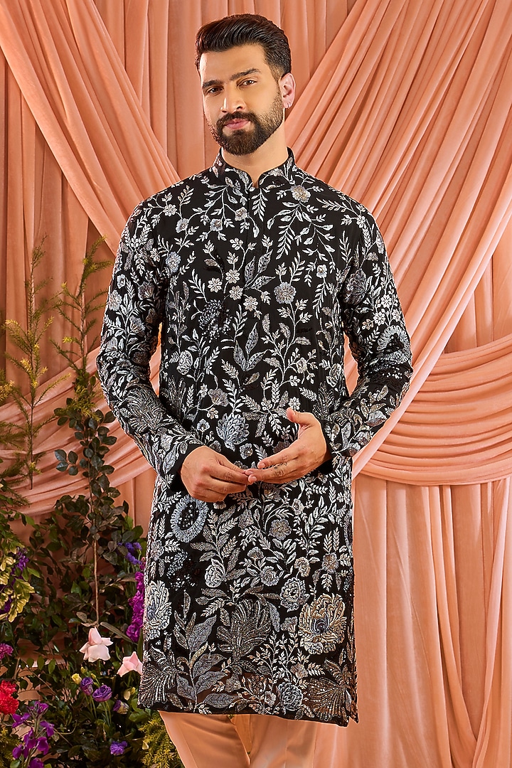 Black Georgette Thread Embroidered Kurta by Kasbah Clothing at Pernia's Pop Up Shop