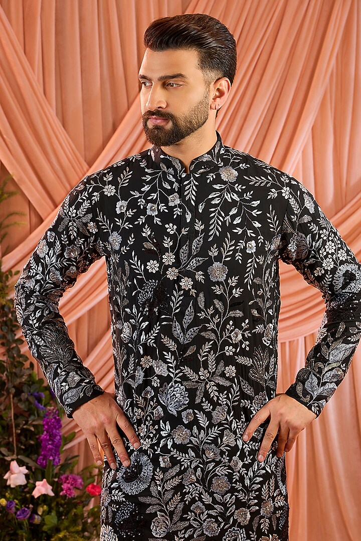 Black Georgette Thread Embroidered Kurta by Kasbah Clothing at Pernia's Pop Up Shop