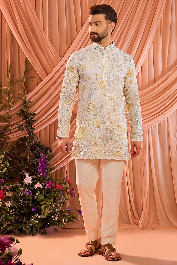 Ivory Crepe Georgette Thread Embroidered Kurta by Kasbah Clothing at Pernia's Pop Up Shop