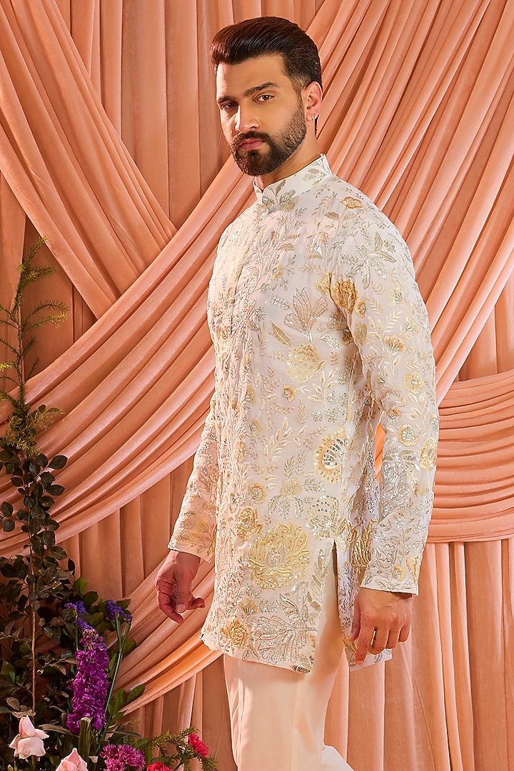 Ivory Crepe Georgette Thread Embroidered Kurta by Kasbah Clothing at Pernia's Pop Up Shop