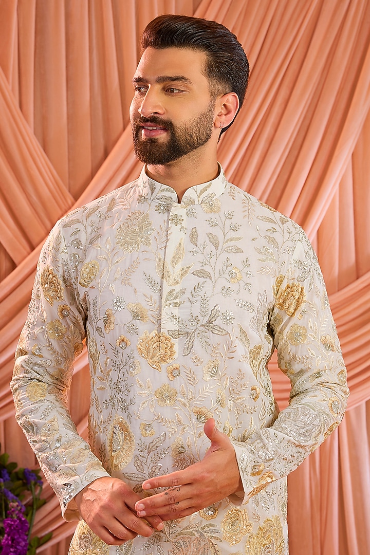 Ivory Crepe Georgette Thread Embroidered Kurta by Kasbah Clothing at Pernia's Pop Up Shop