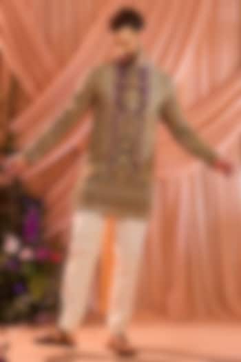 Purple & Gold Crepe Silk Floral Embroidered Short Kurta by Kasbah Clothing at Pernia's Pop Up Shop