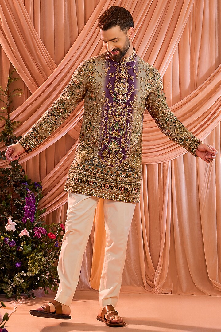Purple & Gold Crepe Silk Floral Embroidered Short Kurta by Kasbah Clothing at Pernia's Pop Up Shop