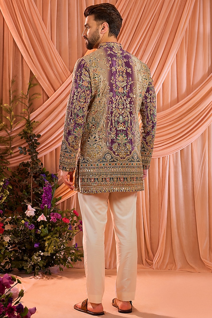 Purple & Gold Crepe Silk Floral Embroidered Short Kurta by Kasbah Clothing at Pernia's Pop Up Shop