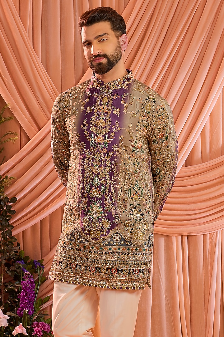 Purple & Gold Crepe Silk Floral Embroidered Short Kurta by Kasbah Clothing at Pernia's Pop Up Shop