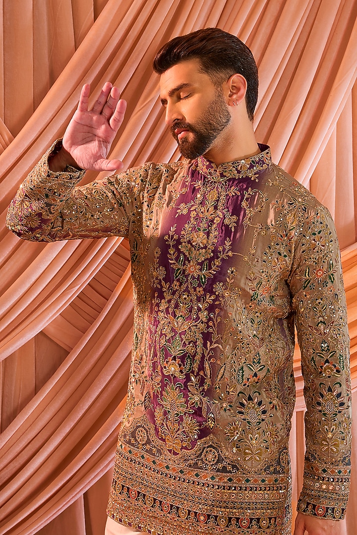 Purple & Gold Crepe Silk Floral Embroidered Short Kurta by Kasbah Clothing at Pernia's Pop Up Shop