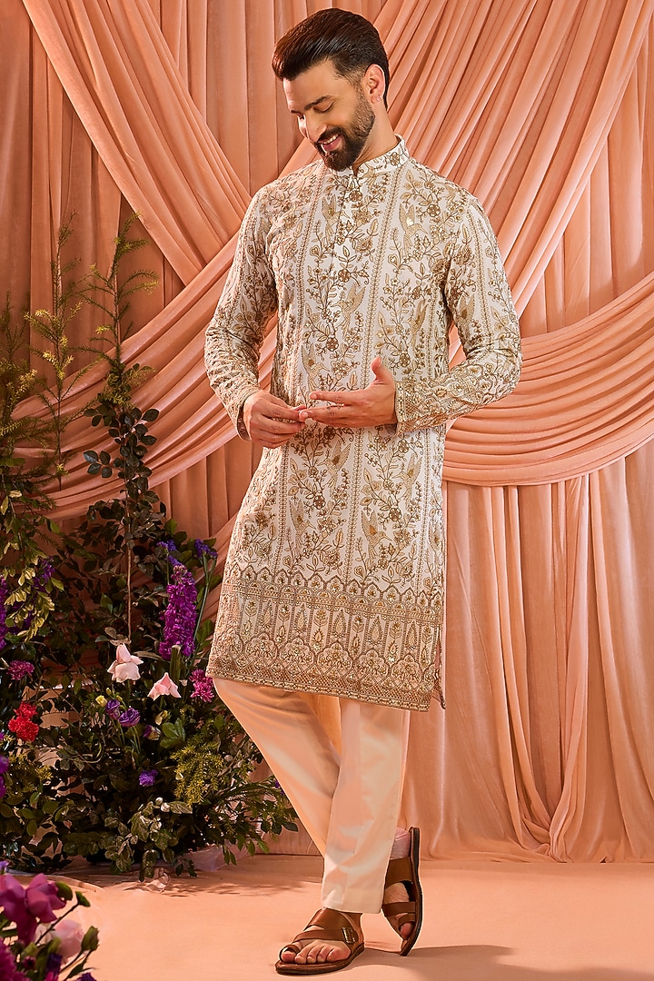 White Georgette Embellished Chikankari Kurta by Kasbah Clothing at Pernia's Pop Up Shop