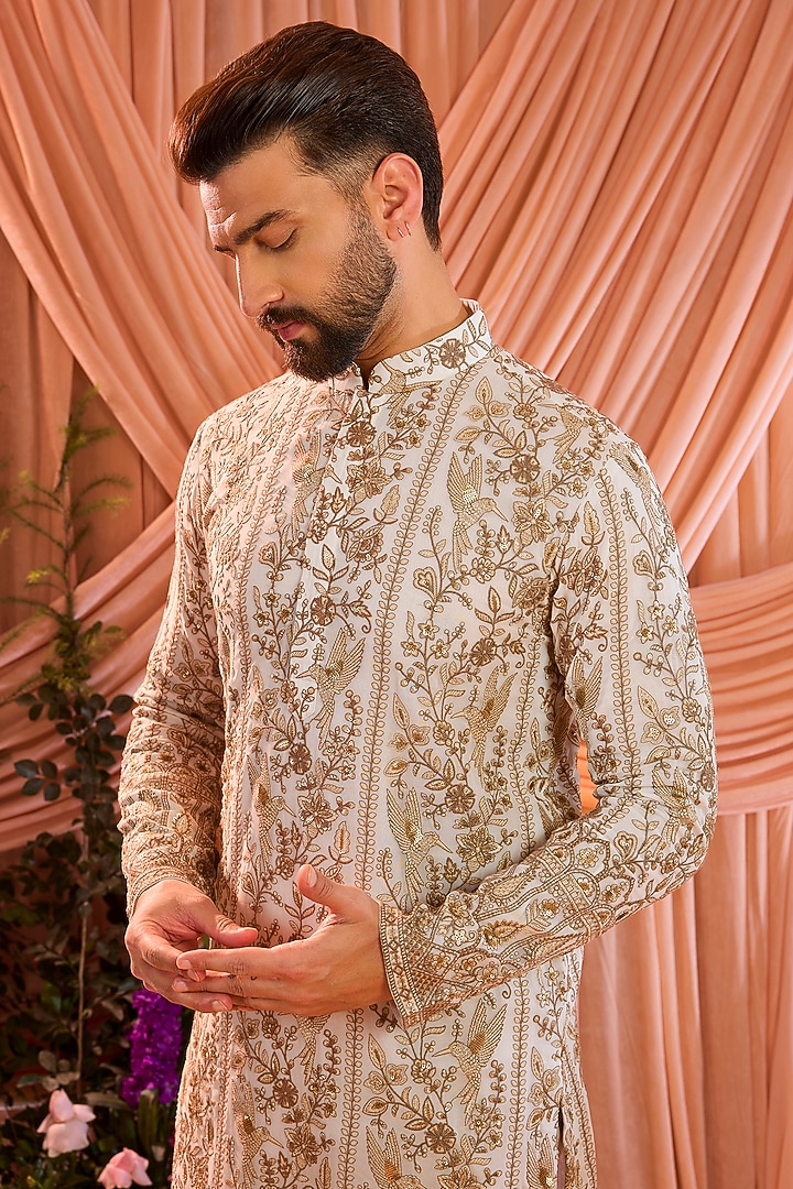White Georgette Embellished Chikankari Kurta by Kasbah Clothing at Pernia's Pop Up Shop