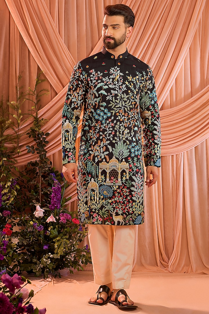Black Silk Floral Embroidered Kurta by Kasbah Clothing at Pernia's Pop Up Shop