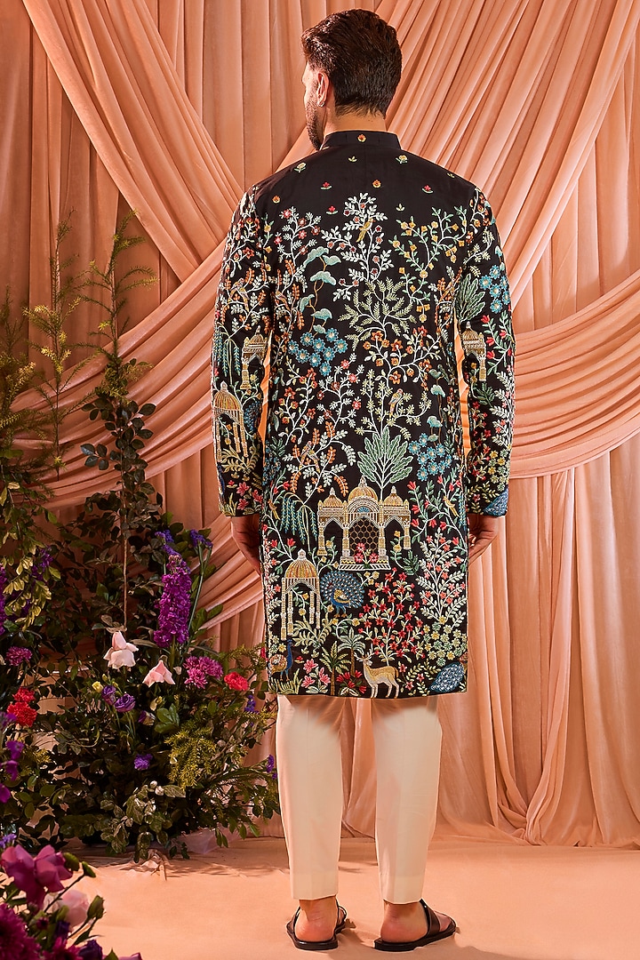 Black Silk Floral Embroidered Kurta by Kasbah Clothing at Pernia's Pop Up Shop