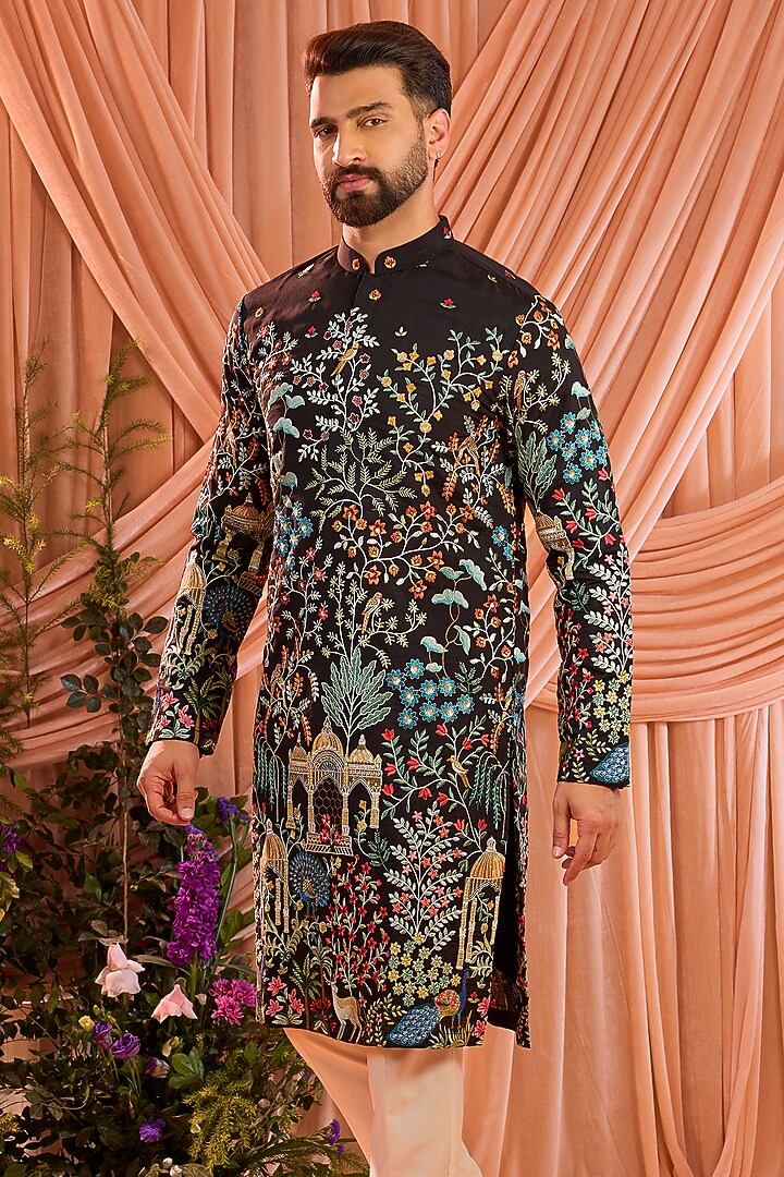 Black Silk Floral Embroidered Kurta by Kasbah Clothing at Pernia's Pop Up Shop