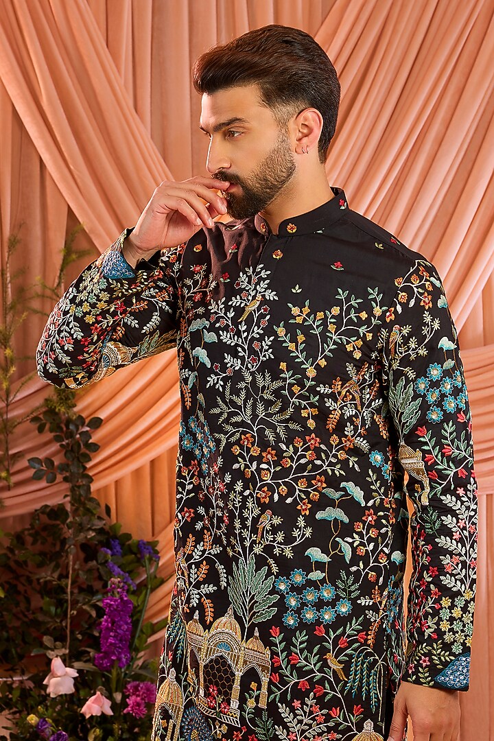 Black Silk Floral Embroidered Kurta by Kasbah Clothing at Pernia's Pop Up Shop