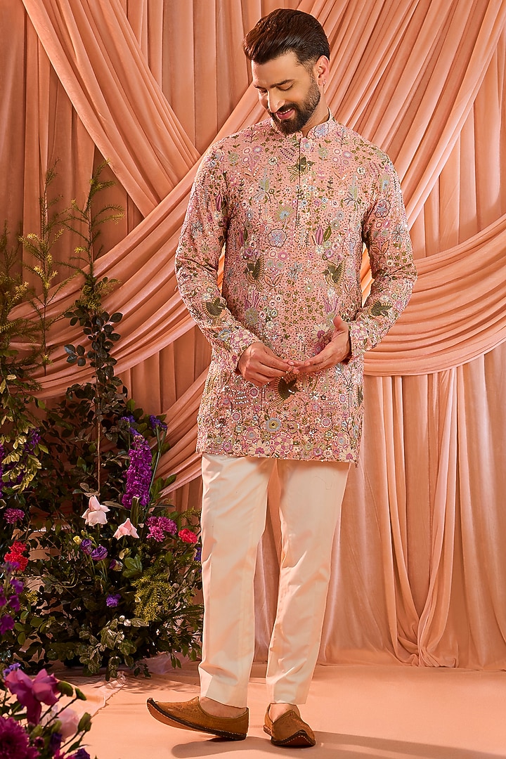 Pink Georgette Thread Embroidered Kurta by Kasbah Clothing at Pernia's Pop Up Shop