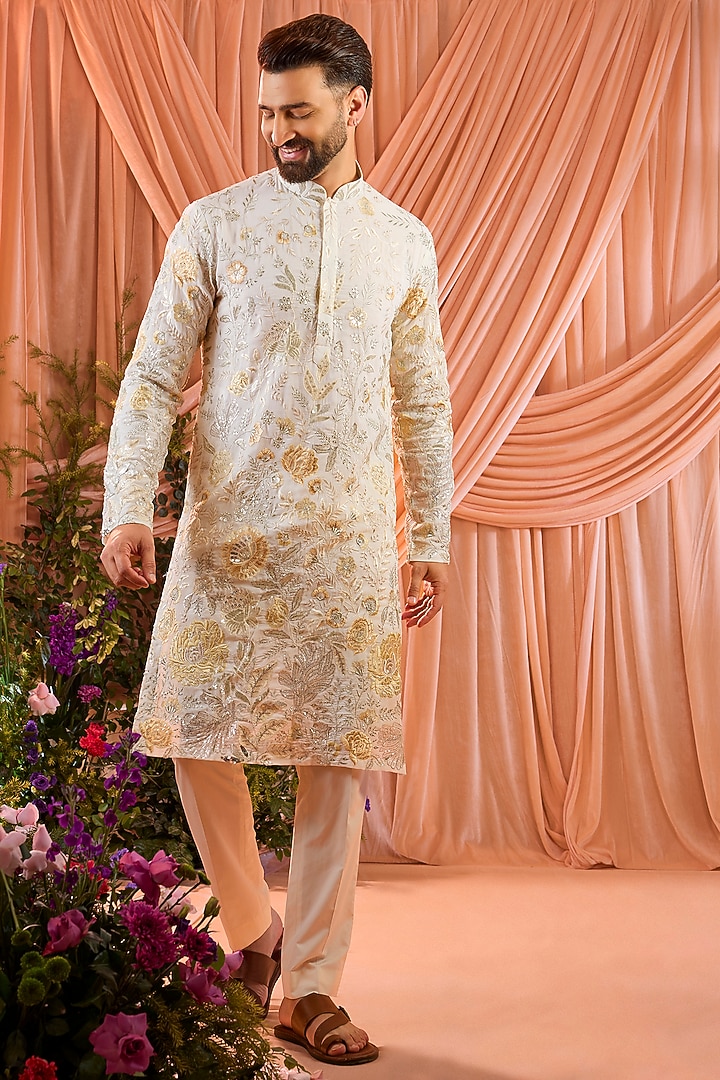 Ivory Satin Georgette Thread Embroidered Kurta by Kasbah Clothing at Pernia's Pop Up Shop