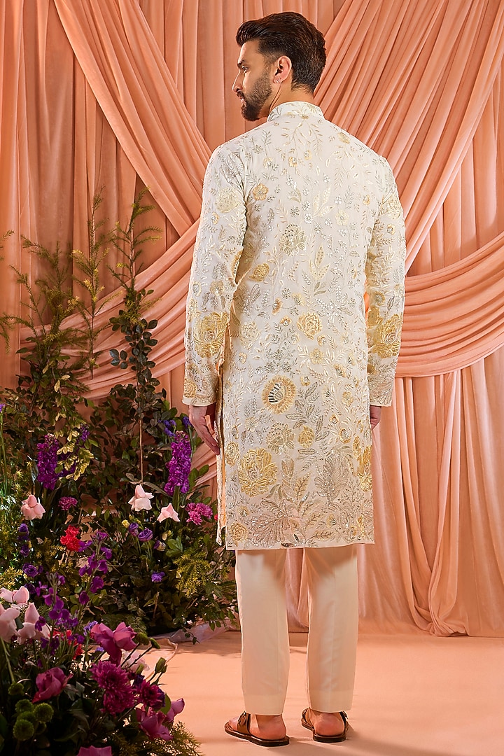 Ivory Satin Georgette Thread Embroidered Kurta by Kasbah Clothing at Pernia's Pop Up Shop