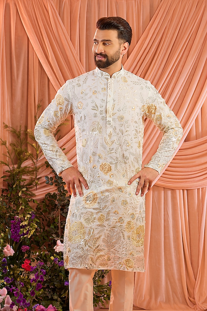 Ivory Satin Georgette Thread Embroidered Kurta by Kasbah Clothing at Pernia's Pop Up Shop