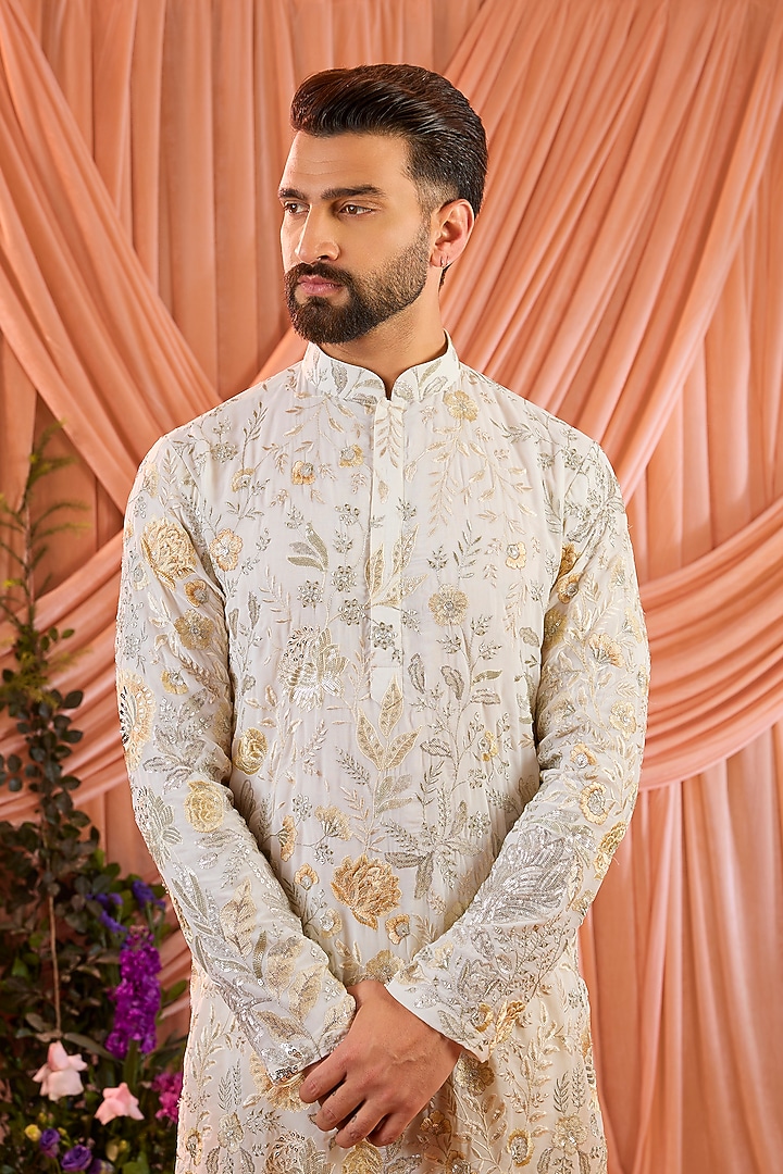 Ivory Satin Georgette Thread Embroidered Kurta by Kasbah Clothing at Pernia's Pop Up Shop