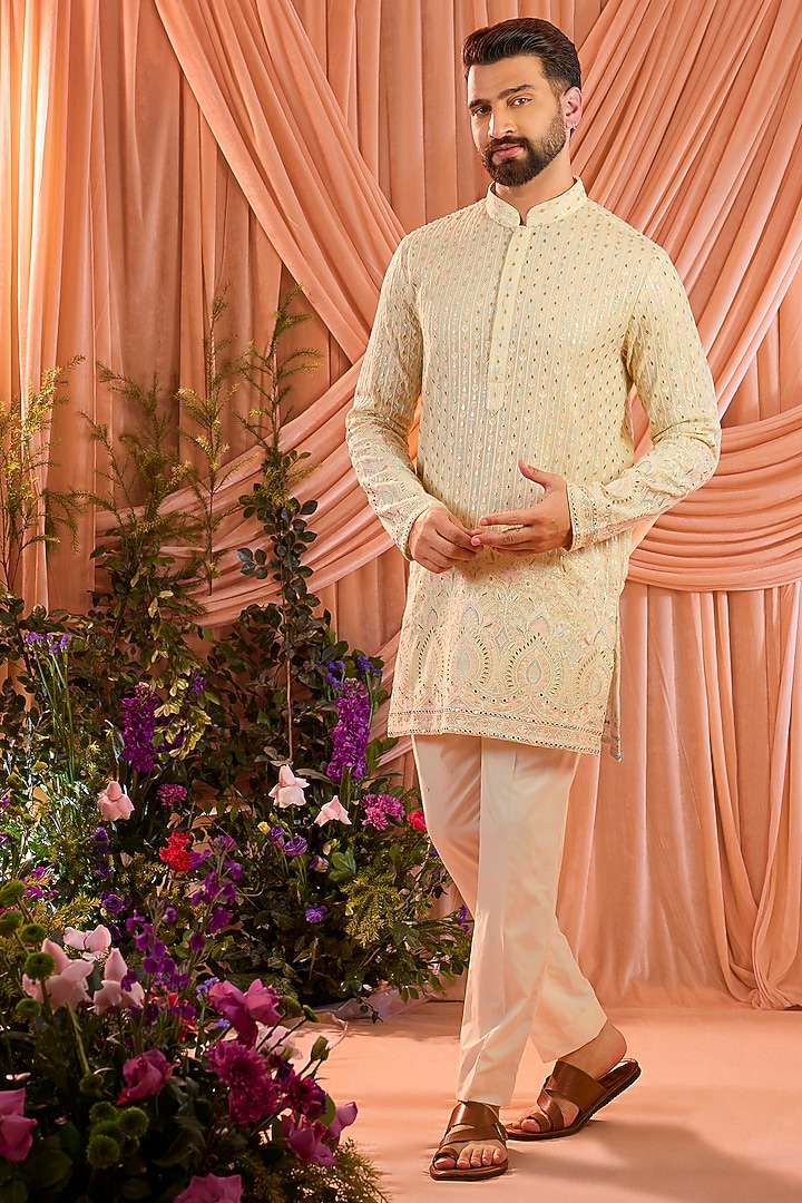 Cream Georgette Thread Embroidered Short Kurta by Kasbah Clothing at Pernia's Pop Up Shop