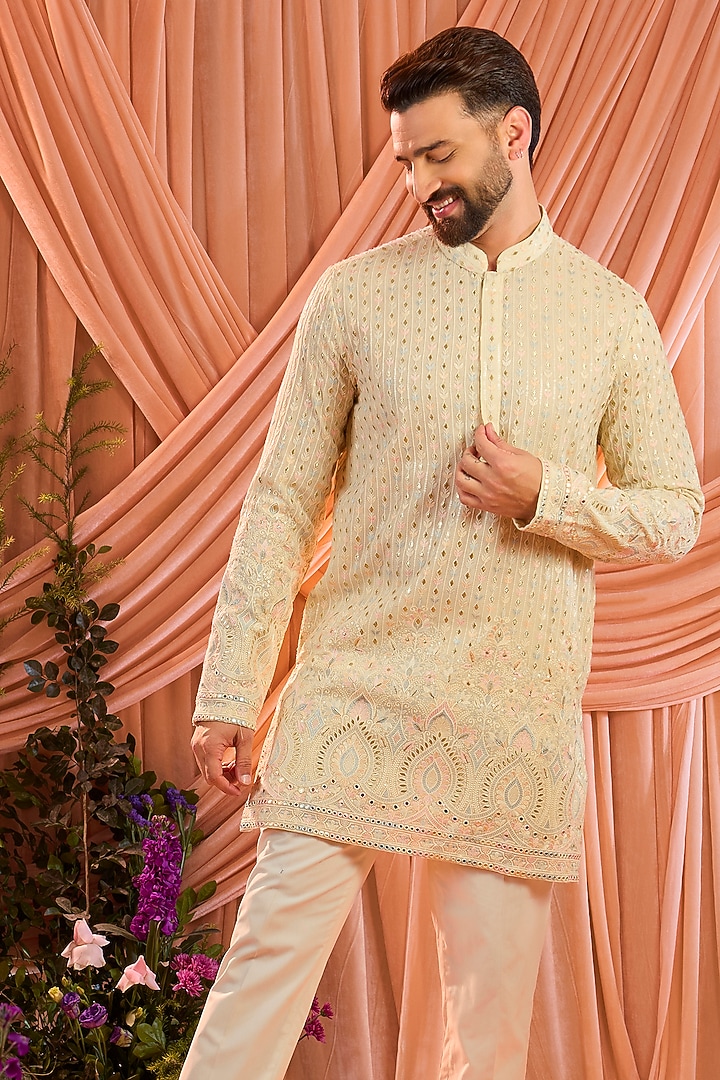 Cream Georgette Thread Embroidered Short Kurta by Kasbah Clothing at Pernia's Pop Up Shop