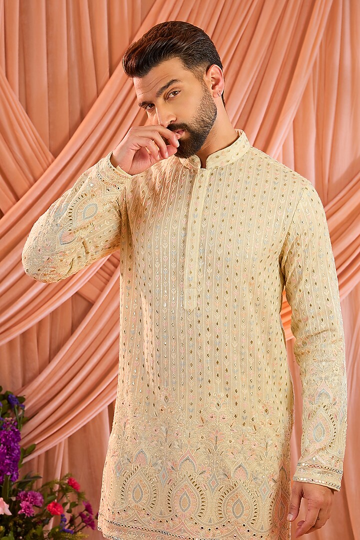 Cream Georgette Thread Embroidered Short Kurta by Kasbah Clothing at Pernia's Pop Up Shop