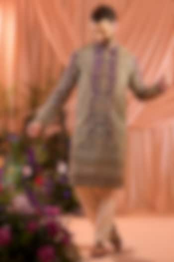 Purple & Gold Crepe Silk Floral Embroidered Kurta by Kasbah Clothing at Pernia's Pop Up Shop