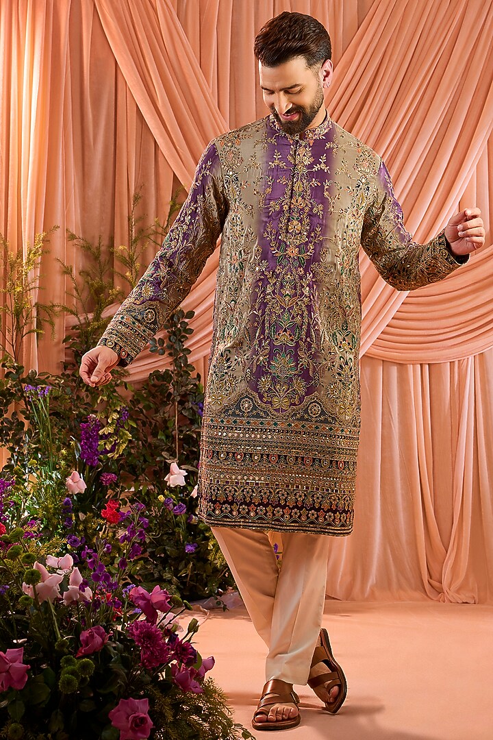 Purple & Gold Crepe Silk Floral Embroidered Kurta by Kasbah Clothing at Pernia's Pop Up Shop