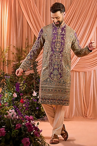 Purple & Gold Crepe Silk Floral Embroidered Kurta by Kasbah Clothing