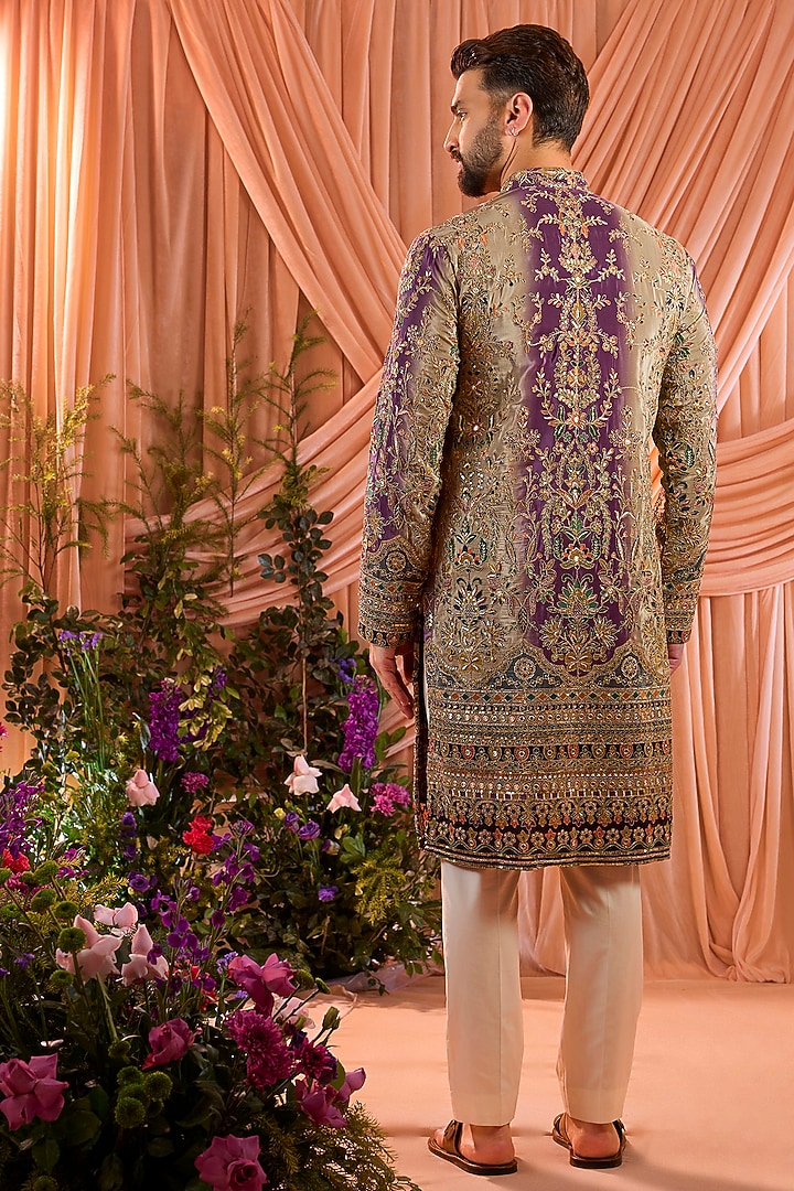 Purple & Gold Crepe Silk Floral Embroidered Kurta by Kasbah Clothing at Pernia's Pop Up Shop