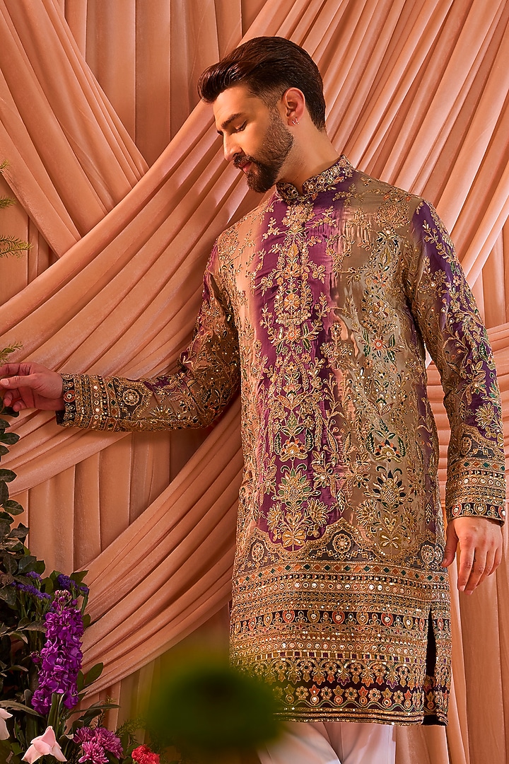Purple & Gold Crepe Silk Floral Embroidered Kurta by Kasbah Clothing at Pernia's Pop Up Shop
