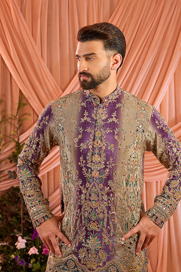 Purple & Gold Crepe Silk Floral Embroidered Kurta by Kasbah Clothing at Pernia's Pop Up Shop