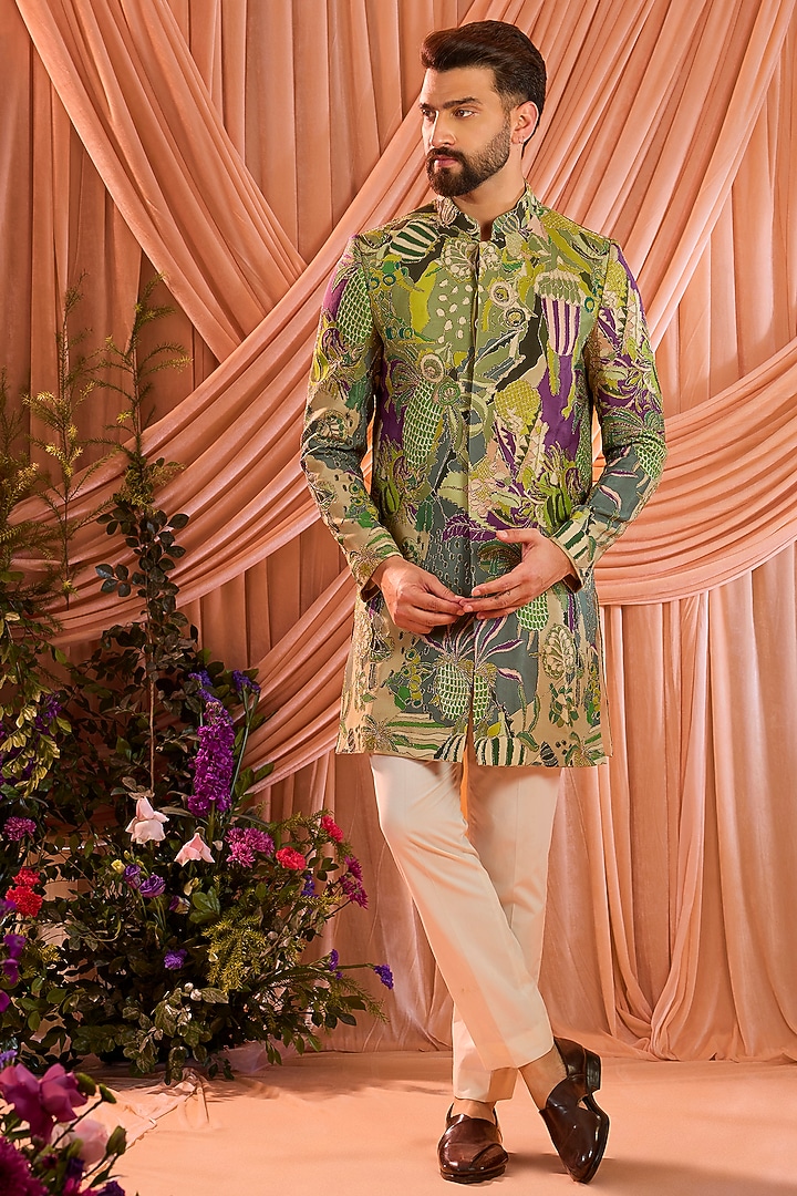 Green Crepe Silk Zari Work Indowestern by Kasbah Clothing at Pernia's Pop Up Shop