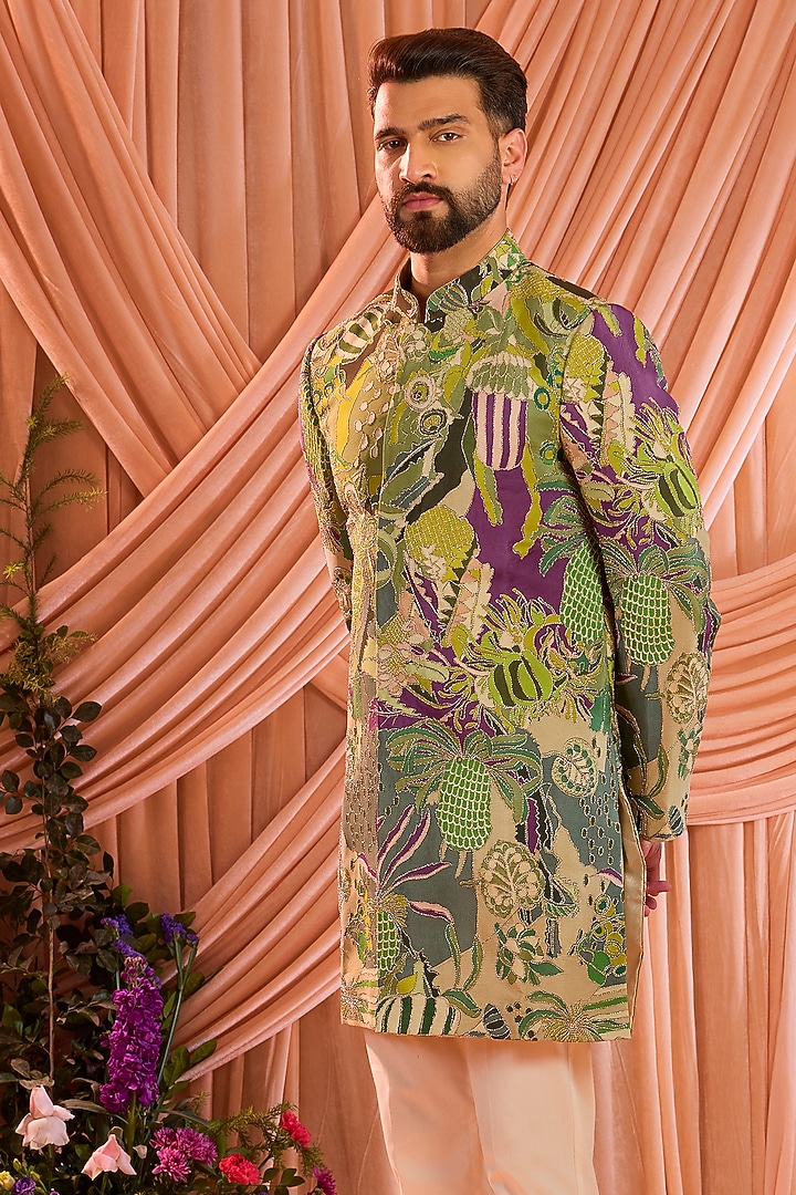 Green Crepe Silk Zari Work Indowestern by Kasbah Clothing at Pernia's Pop Up Shop