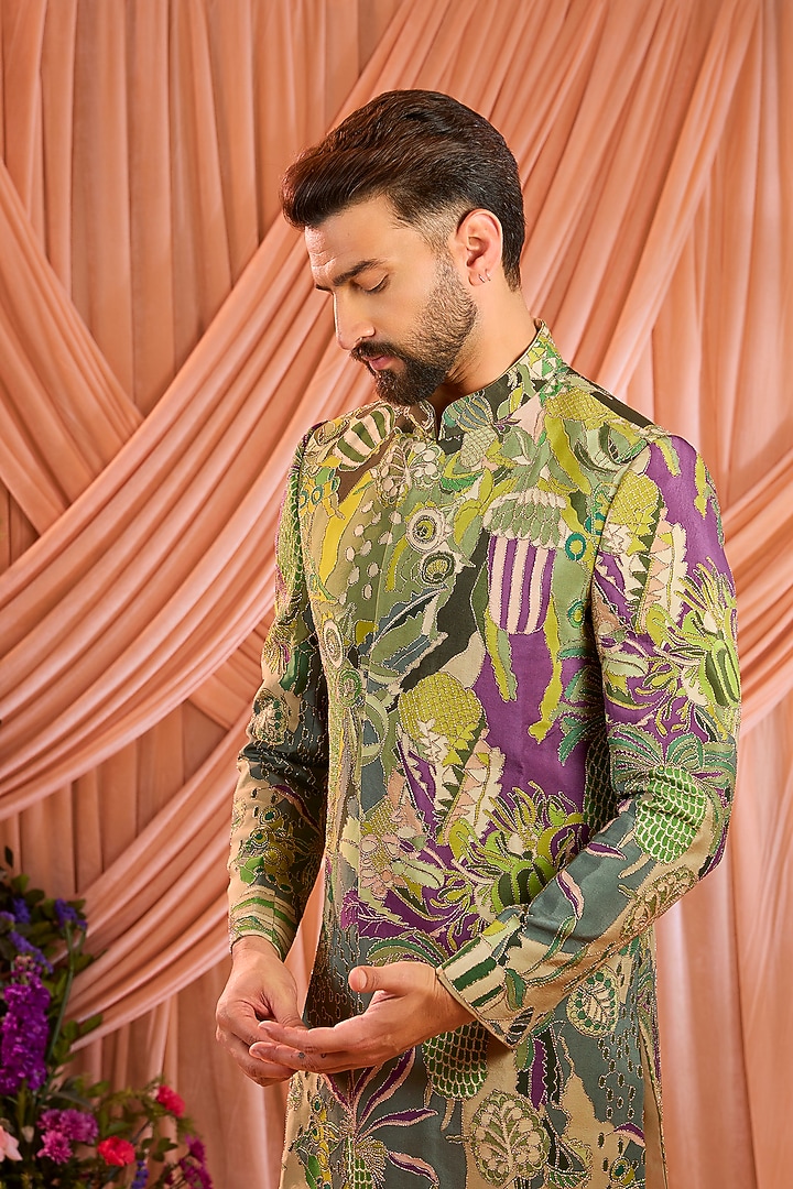 Green Crepe Silk Zari Work Indowestern by Kasbah Clothing at Pernia's Pop Up Shop