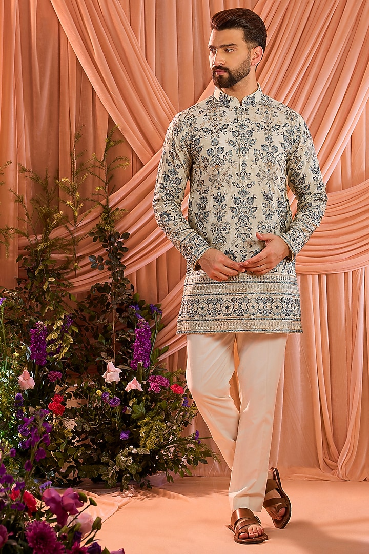 Beige Tissue Floral Chikankari Embroidered Short Kurta by Kasbah Clothing at Pernia's Pop Up Shop