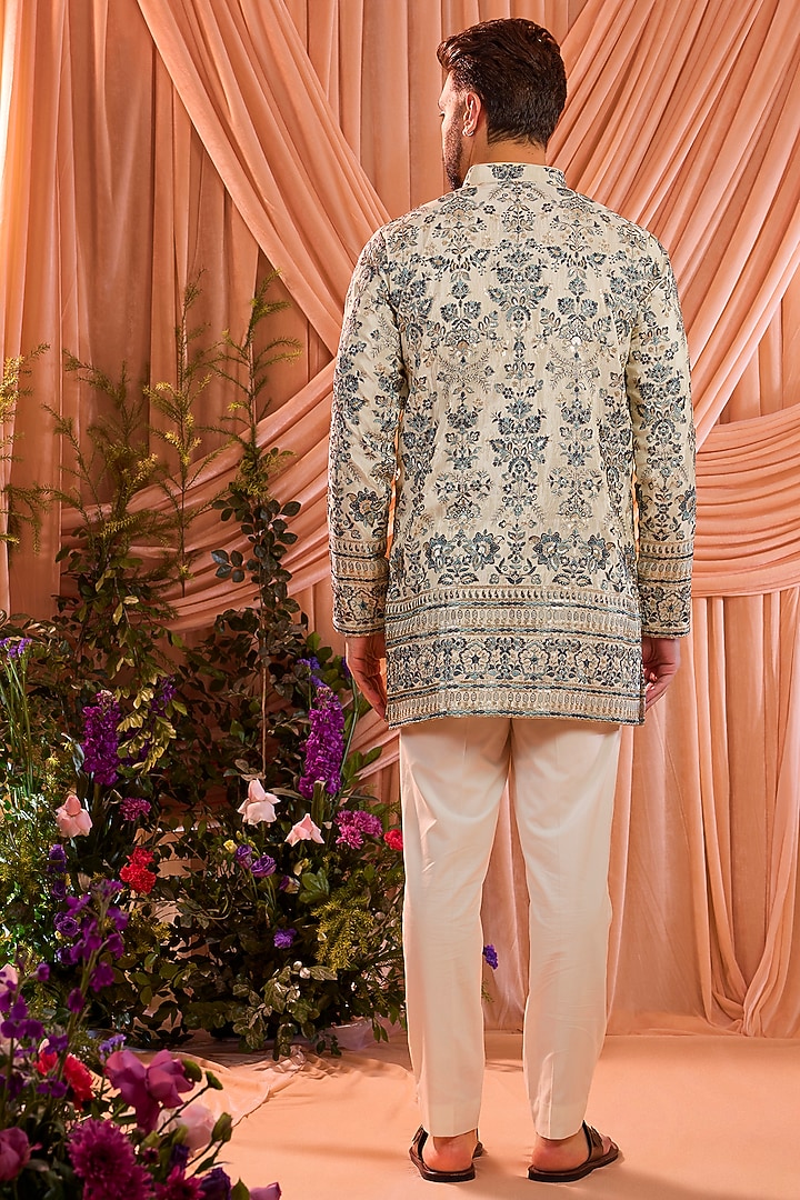 Beige Tissue Floral Chikankari Embroidered Short Kurta by Kasbah Clothing at Pernia's Pop Up Shop