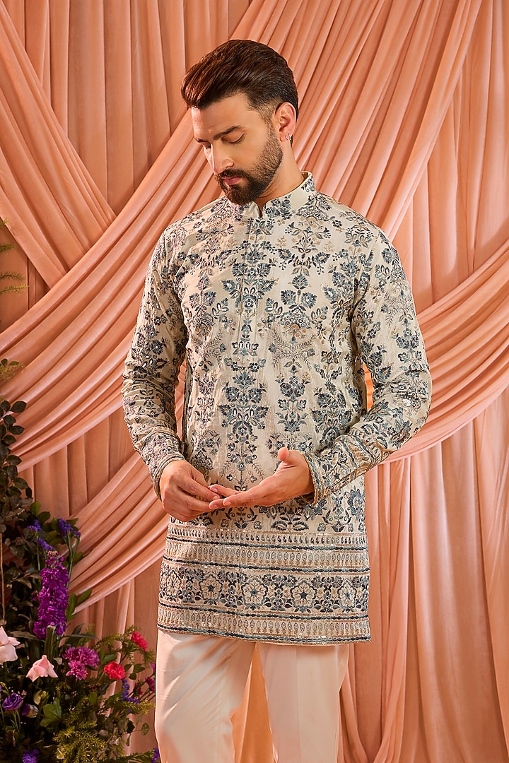 Beige Tissue Floral Chikankari Embroidered Short Kurta by Kasbah Clothing at Pernia's Pop Up Shop