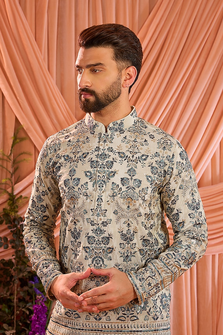 Beige Tissue Floral Chikankari Embroidered Short Kurta by Kasbah Clothing at Pernia's Pop Up Shop