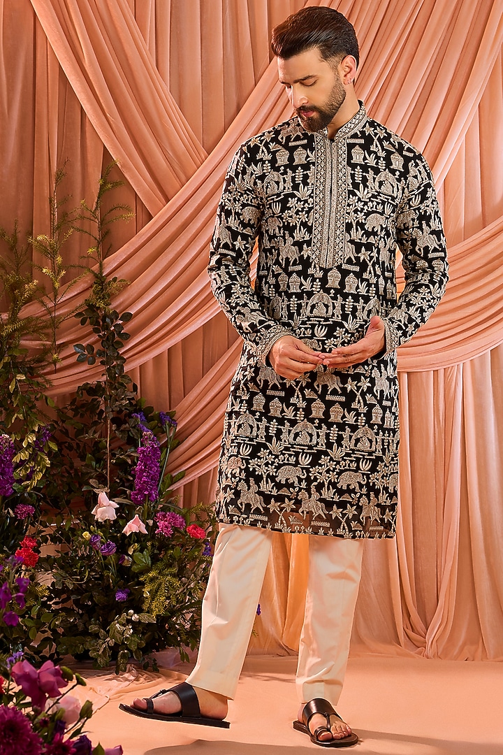 Black Georgette Embroidered Kurta by Kasbah Clothing at Pernia's Pop Up Shop