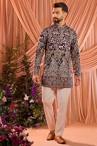 Wine Georgette Embroidered Short Kurta by Kasbah Clothing