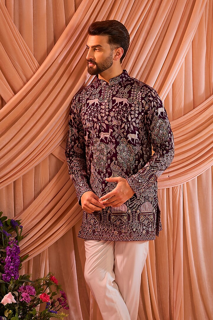 Wine Georgette Embroidered Short Kurta by Kasbah Clothing at Pernia's Pop Up Shop
