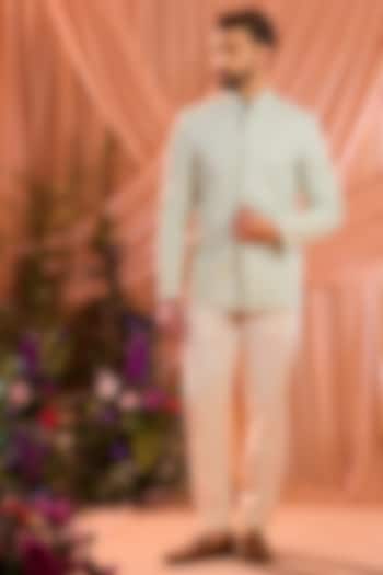 Aqua Blue Georgette Hand Embroidered Wedding Bandhgala by Kasbah Clothing at Pernia's Pop Up Shop